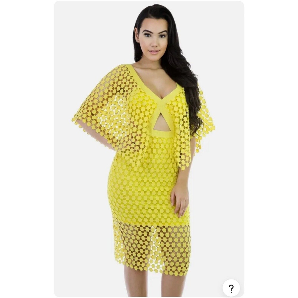 CQ by CQ Yellow Crochet Knit Dress w/Back V-Neck zipper. Size Small